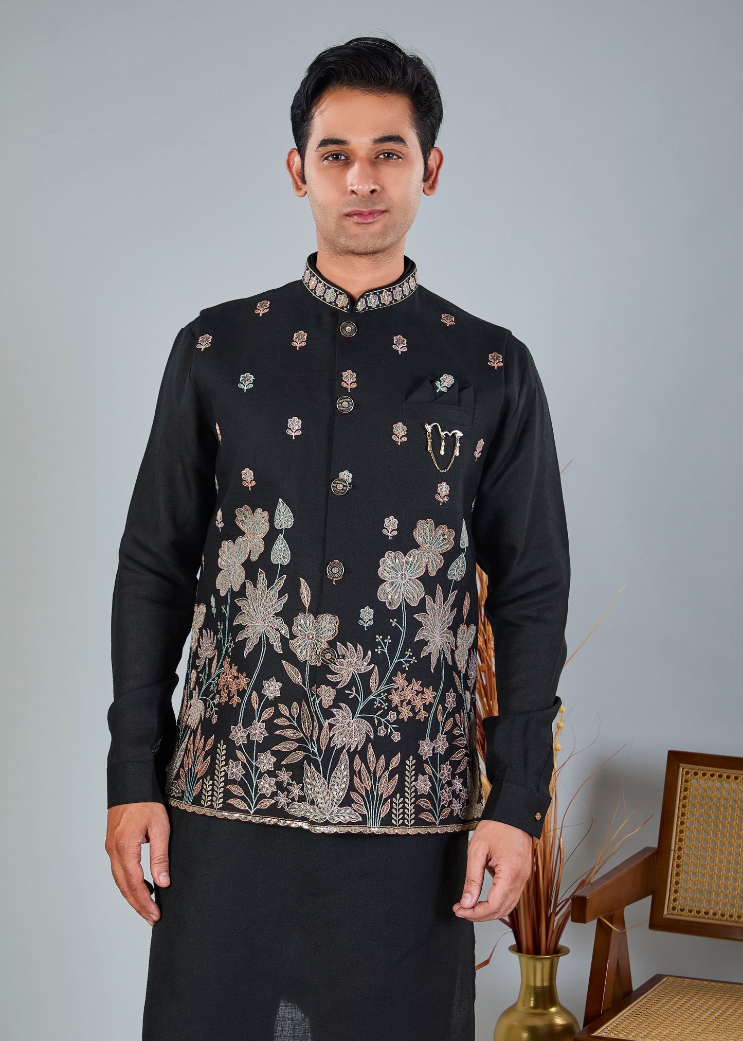 Men's Black Kurta Jacket Set with Zari and Resham Work