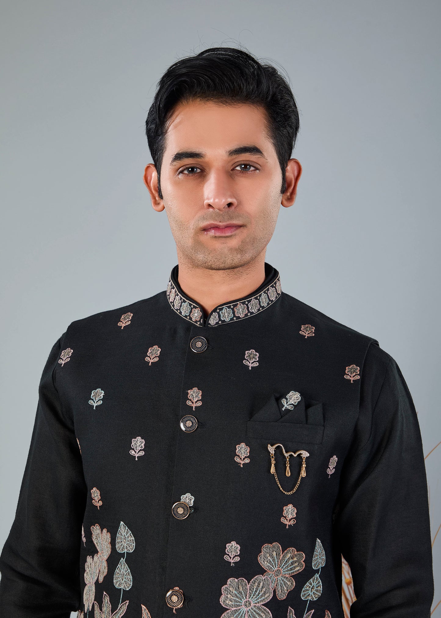 Men's Black Kurta Jacket Set with Zari and Resham Work