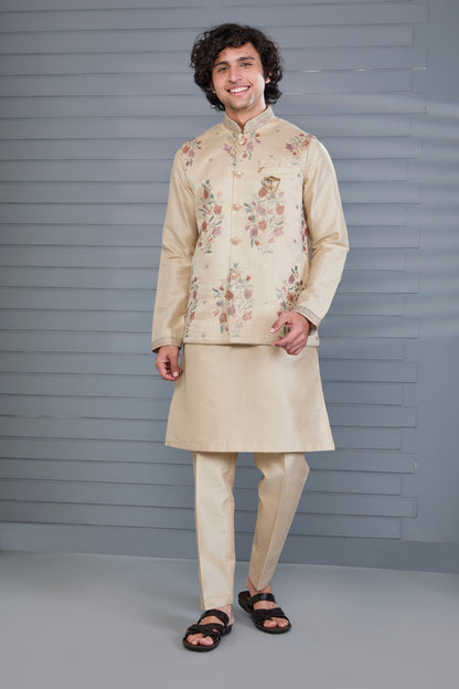 Stylish beige Men’s Kurta Jacket Set in Raw Silk for Wedding and Engagement