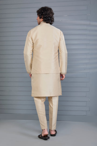 Stylish beige Men’s Kurta Jacket Set in Raw Silk for Wedding and Engagement
