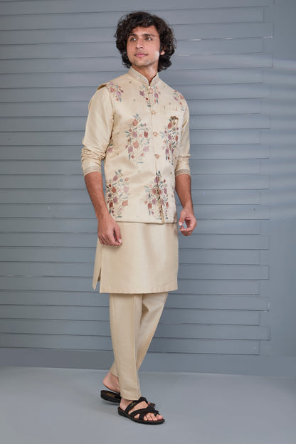 Stylish beige Men’s Kurta Jacket Set in Raw Silk for Wedding and Engagement