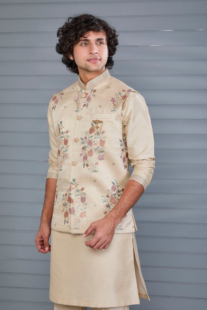 Stylish beige Men’s Kurta Jacket Set in Raw Silk for Wedding and Engagement