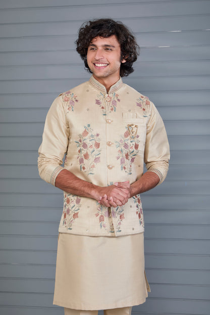 Stylish beige Men’s Kurta Jacket Set in Raw Silk for Wedding and Engagement