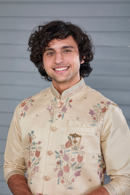 Stylish beige Men’s Kurta Jacket Set in Raw Silk for Wedding and Engagement