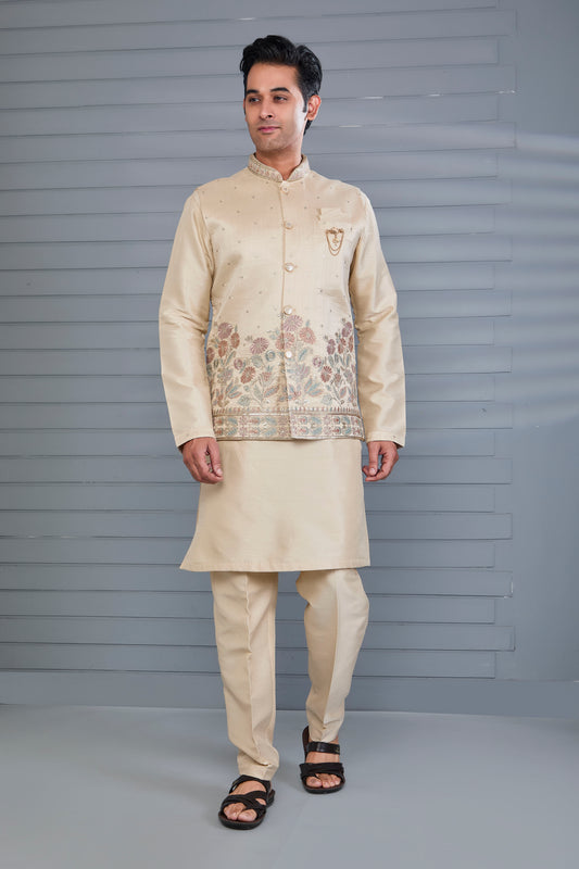 Beige Elegent Men's Kurta Jacket Set for Wedding and Engagement Events