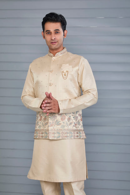 Beige Elegent Men's Kurta Jacket Set for Wedding and Engagement Events