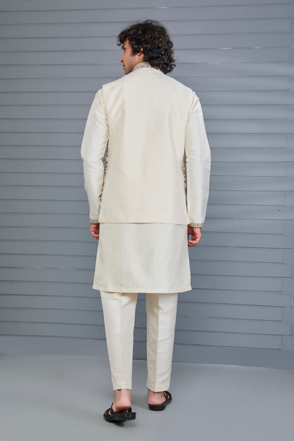 Cream Kurta Jacket Set in Raw Silk For Men