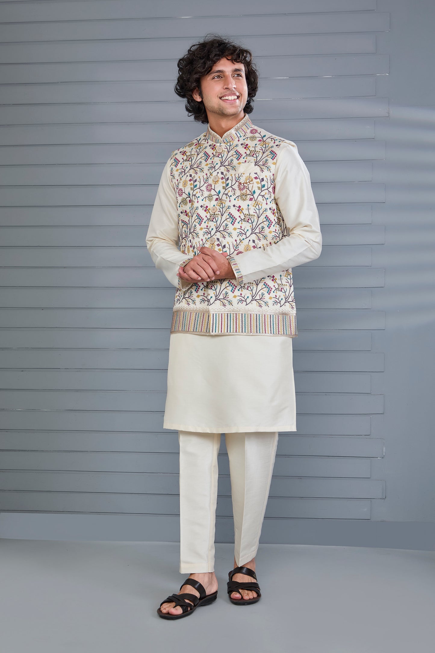 Cream Kurta Jacket Set in Raw Silk For Men