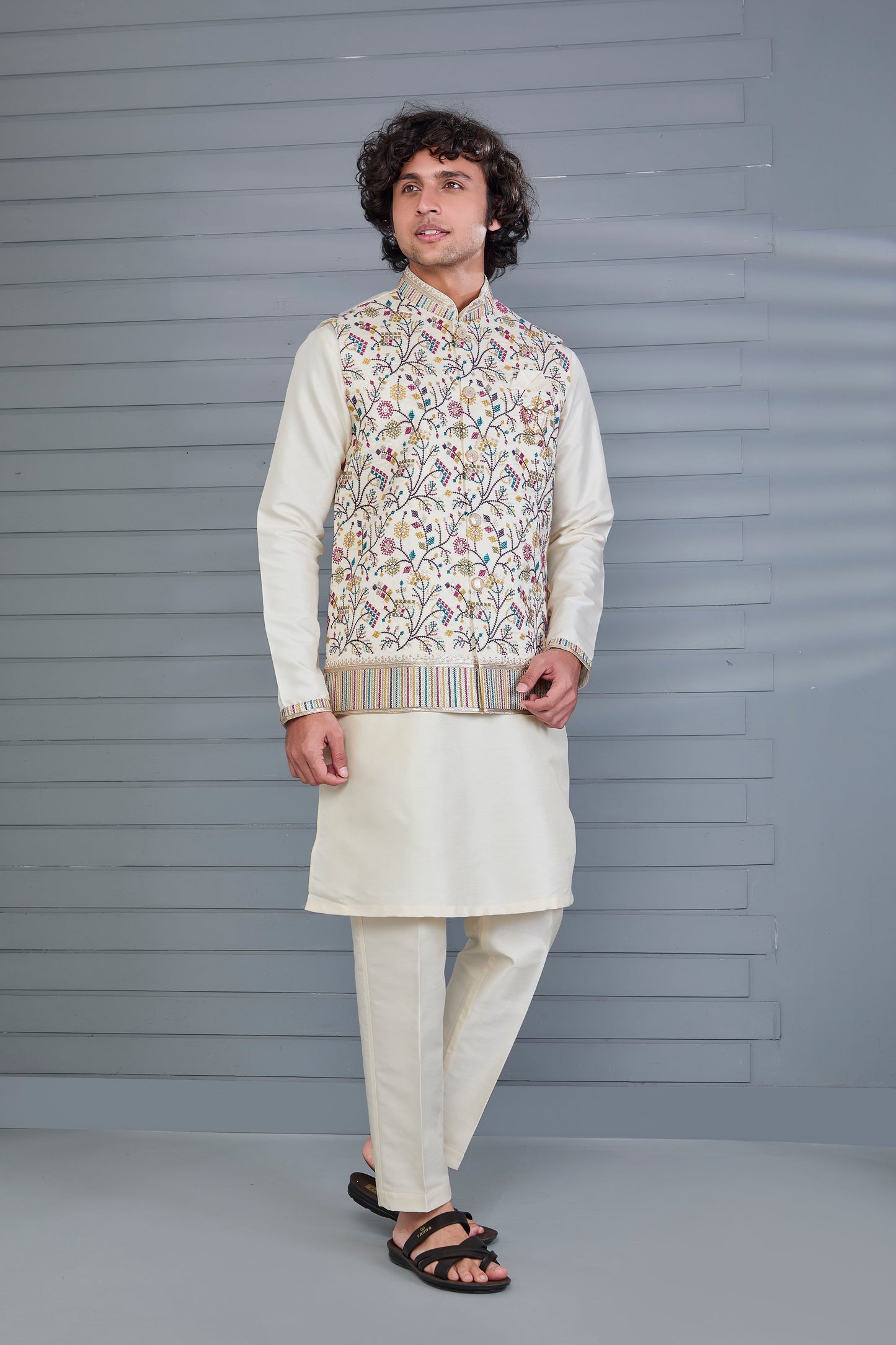 Cream Kurta Jacket Set in Raw Silk For Men