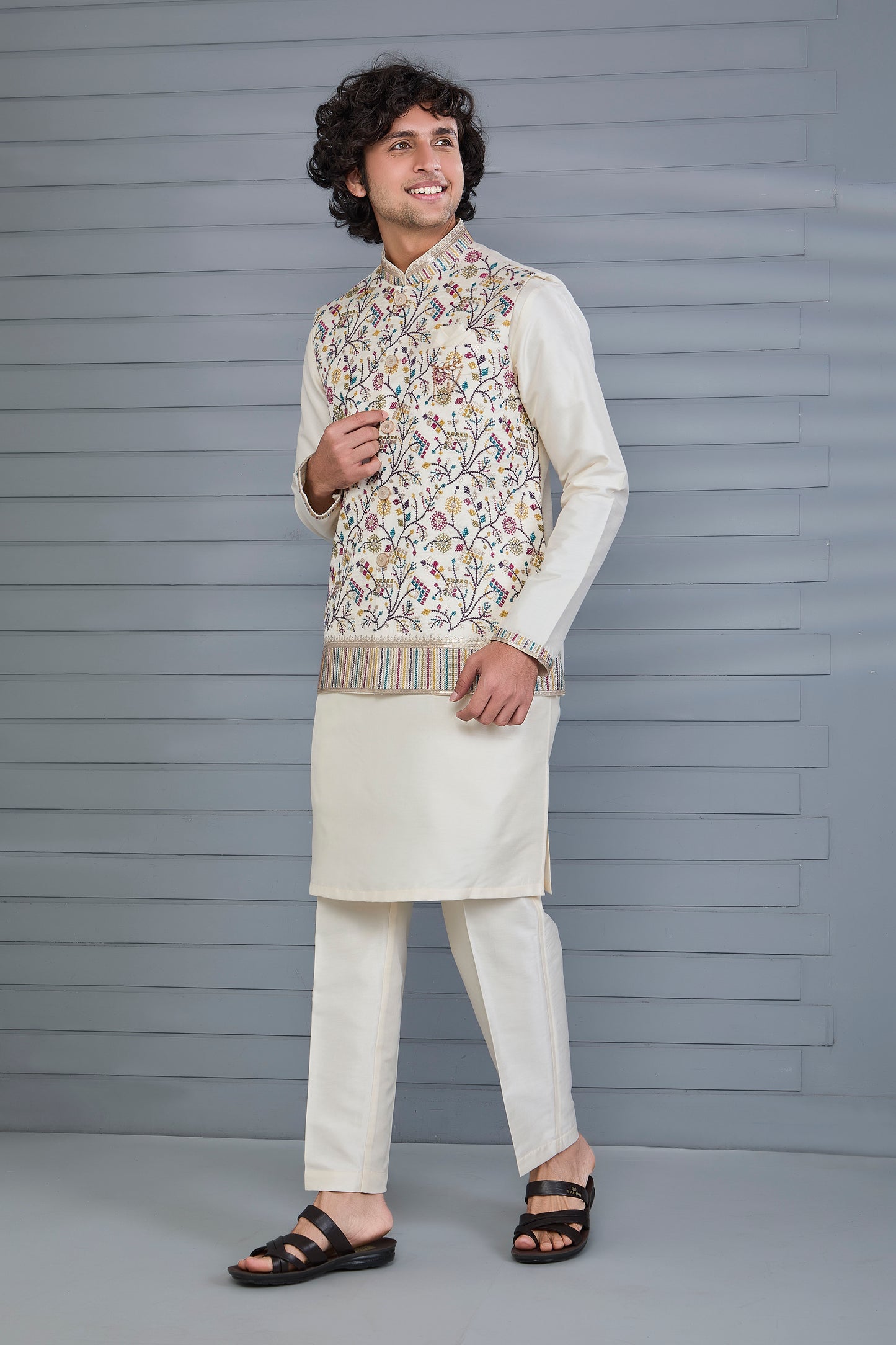 Cream Kurta Jacket Set in Raw Silk For Men