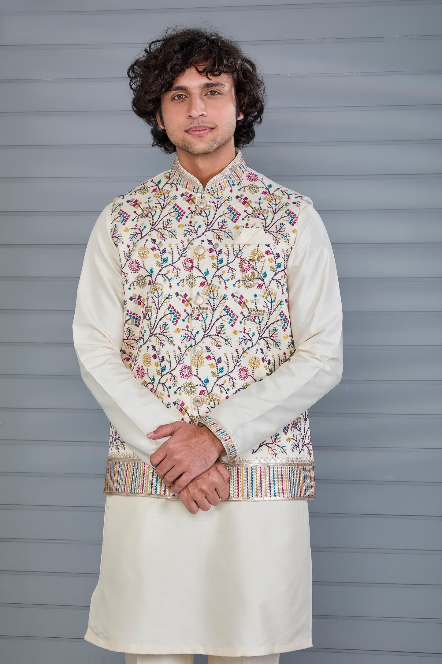 Cream Kurta Jacket Set in Raw Silk For Men