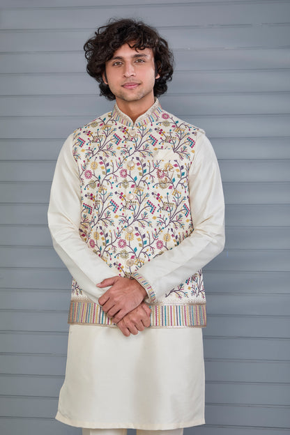 Cream Kurta Jacket Set in Raw Silk For Men