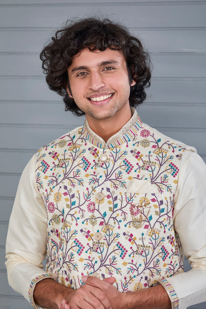 Cream Kurta Jacket Set in Raw Silk For Men