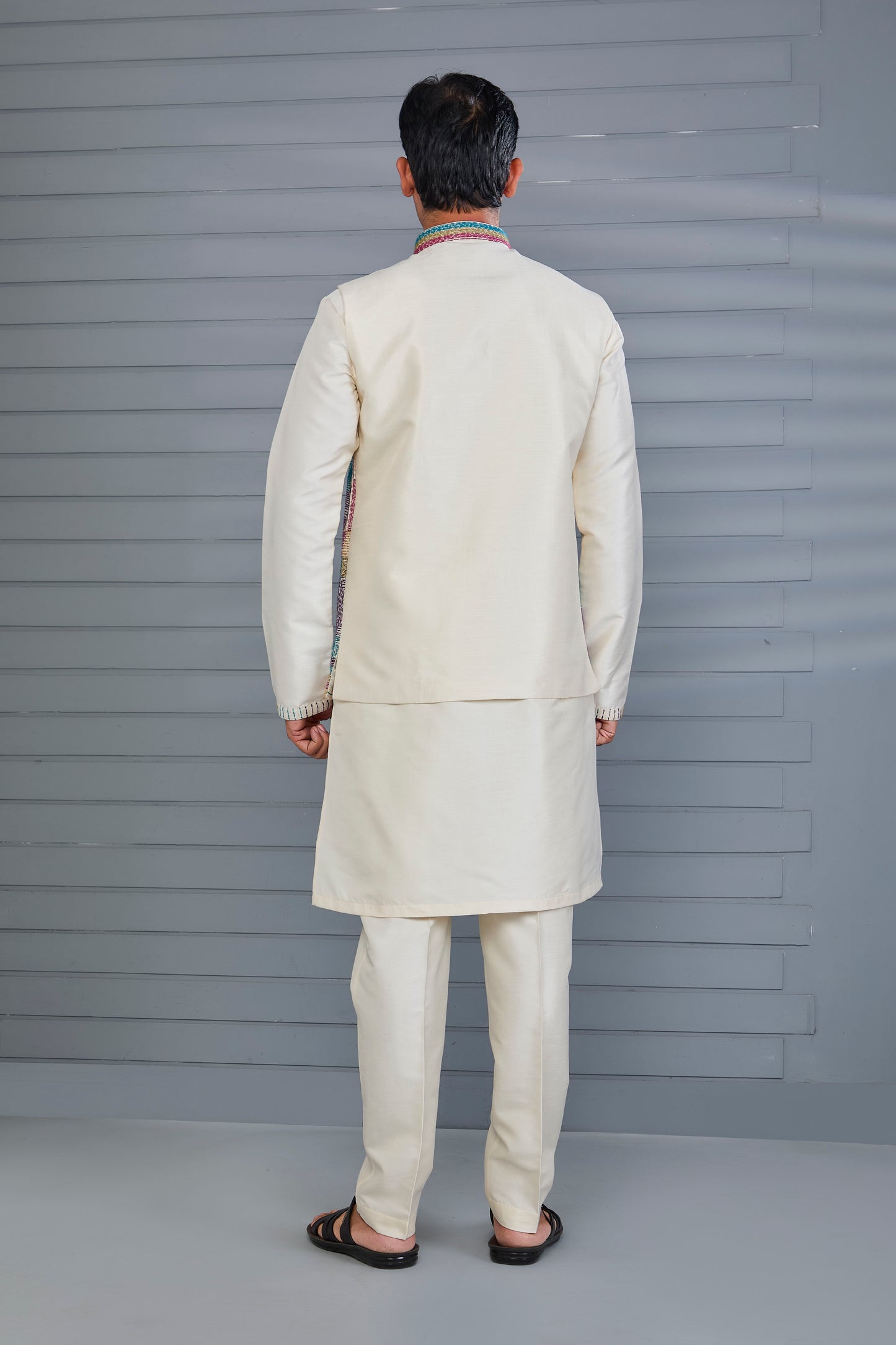 Wedding and Festive Occasion Embroidered Cream Men’s Kurta Jacket Set