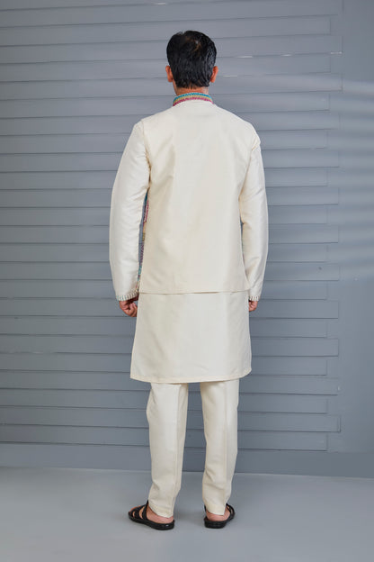 Wedding and Festive Occasion Embroidered Cream Men’s Kurta Jacket Set