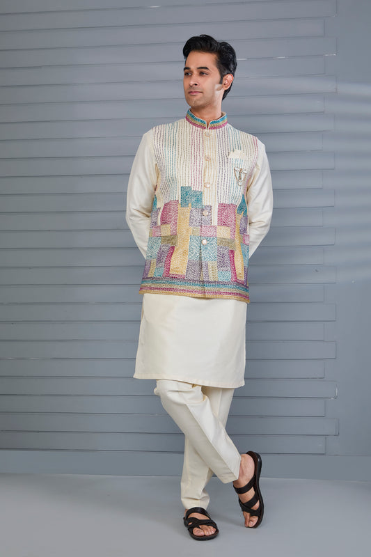 Wedding and Festive Occasion Embroidered Cream Men’s Kurta Jacket Set
