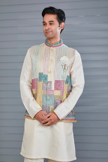 Wedding and Festive Occasion Embroidered Cream Men’s Kurta Jacket Set