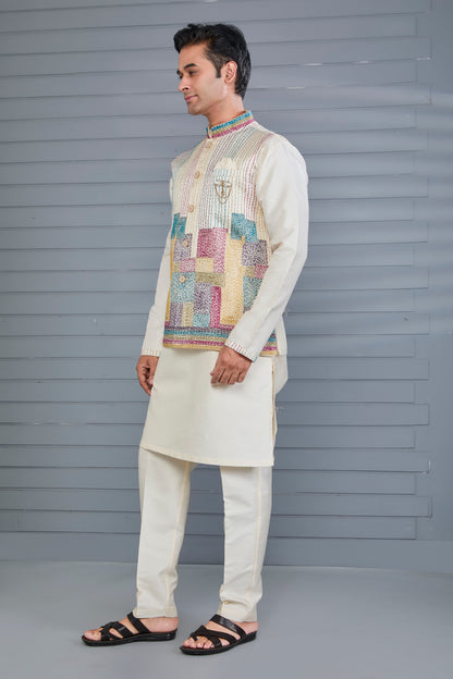 Wedding and Festive Occasion Embroidered Cream Men’s Kurta Jacket Set