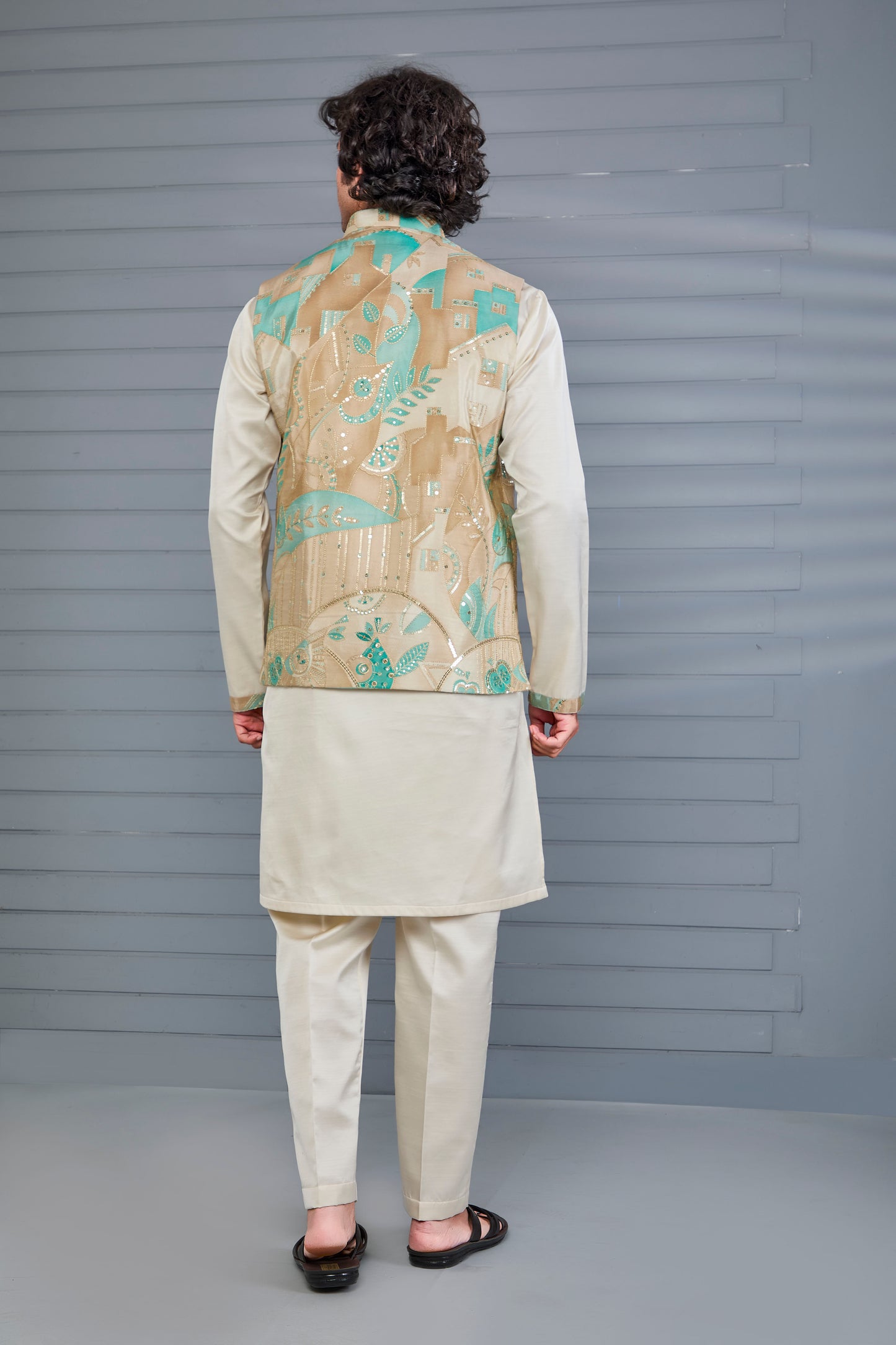 Men's Beige Kurta Jacket Set in Raw Silk