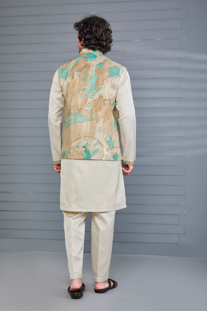 Men's Beige Kurta Jacket Set in Raw Silk