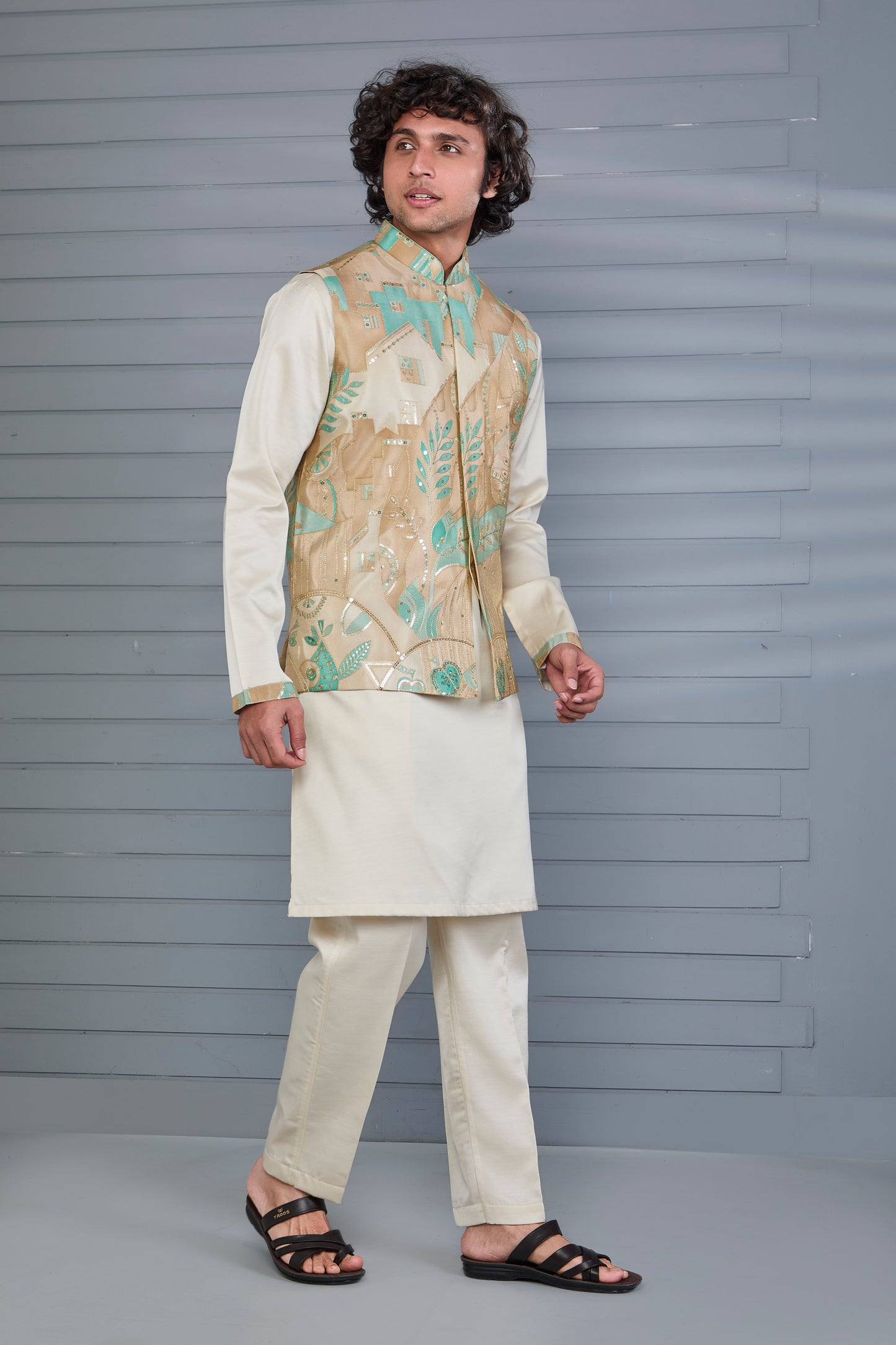Men's Beige Kurta Jacket Set in Raw Silk