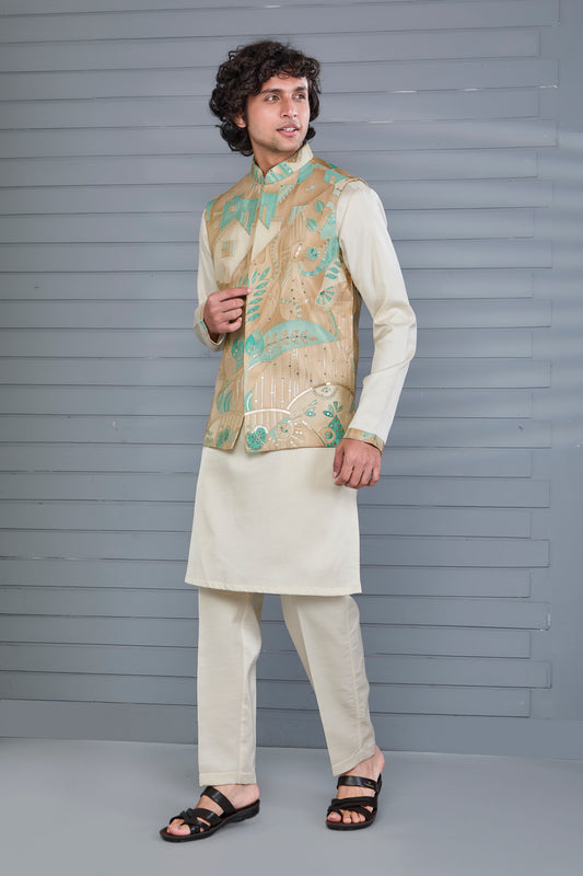 Men's Beige Kurta Jacket Set in Raw Silk