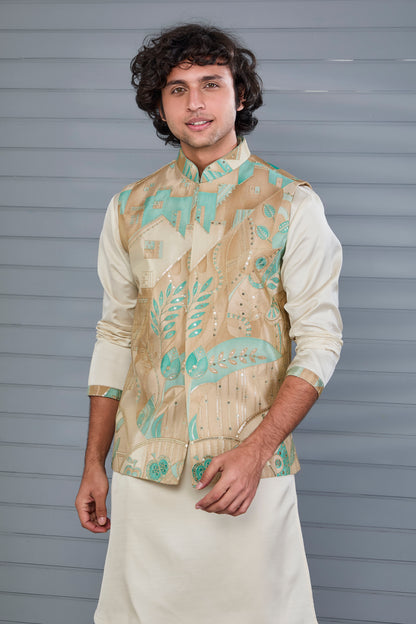 Men's Beige Kurta Jacket Set in Raw Silk