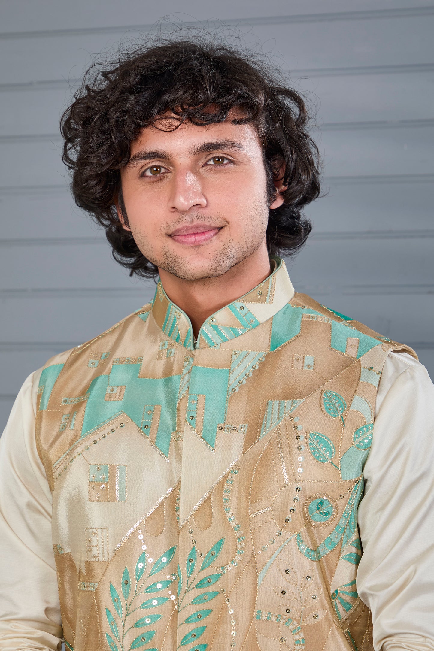 Men's Beige Kurta Jacket Set in Raw Silk