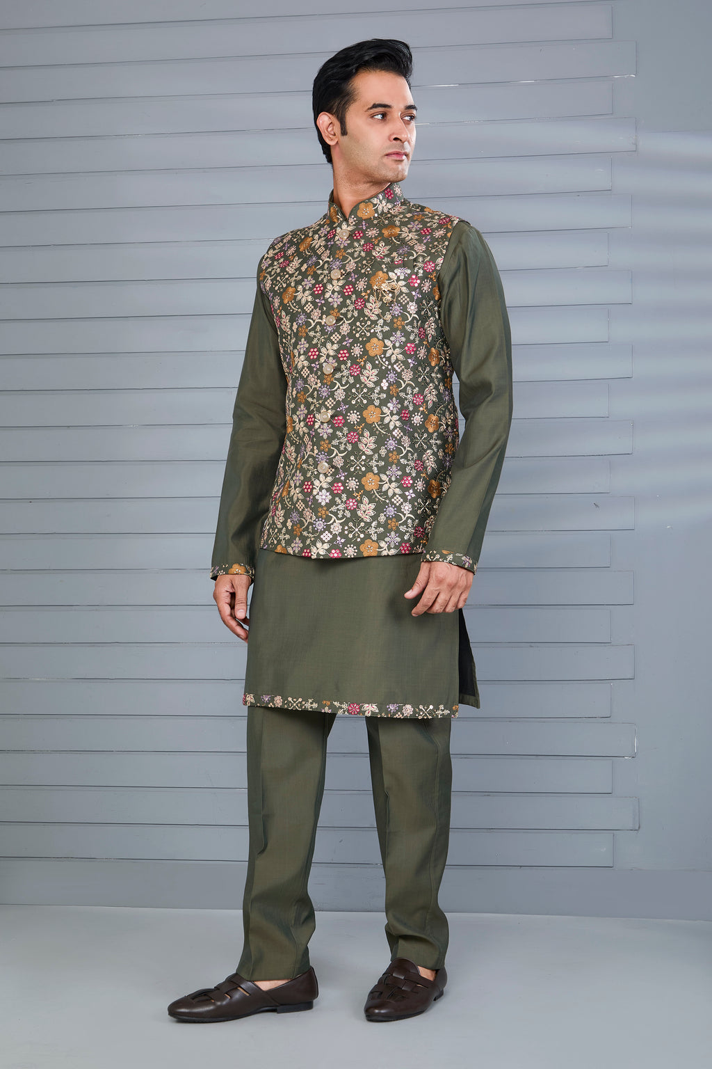 Moss Green Embroidered Kurta Jacket Set with Mehendi and Festive Wear
