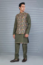 Moss Green Embroidered Kurta Jacket Set with Mehendi and Festive Wear