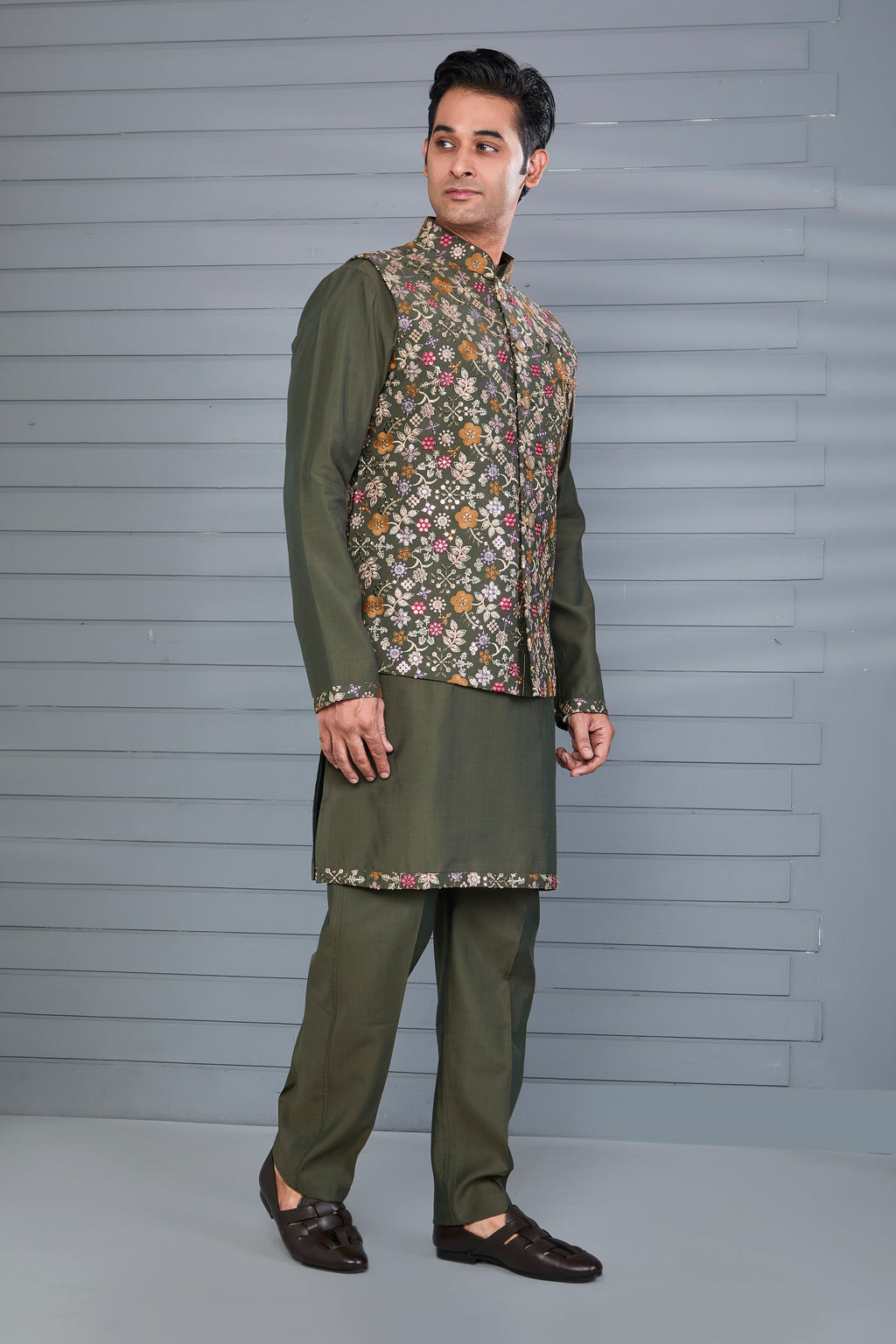 Moss Green Embroidered Kurta Jacket Set with Mehendi and Festive Wear