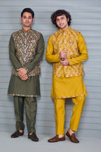 Haldi and Festive Wear Embroidered Kurta Jacket Set in Mustard Yellow