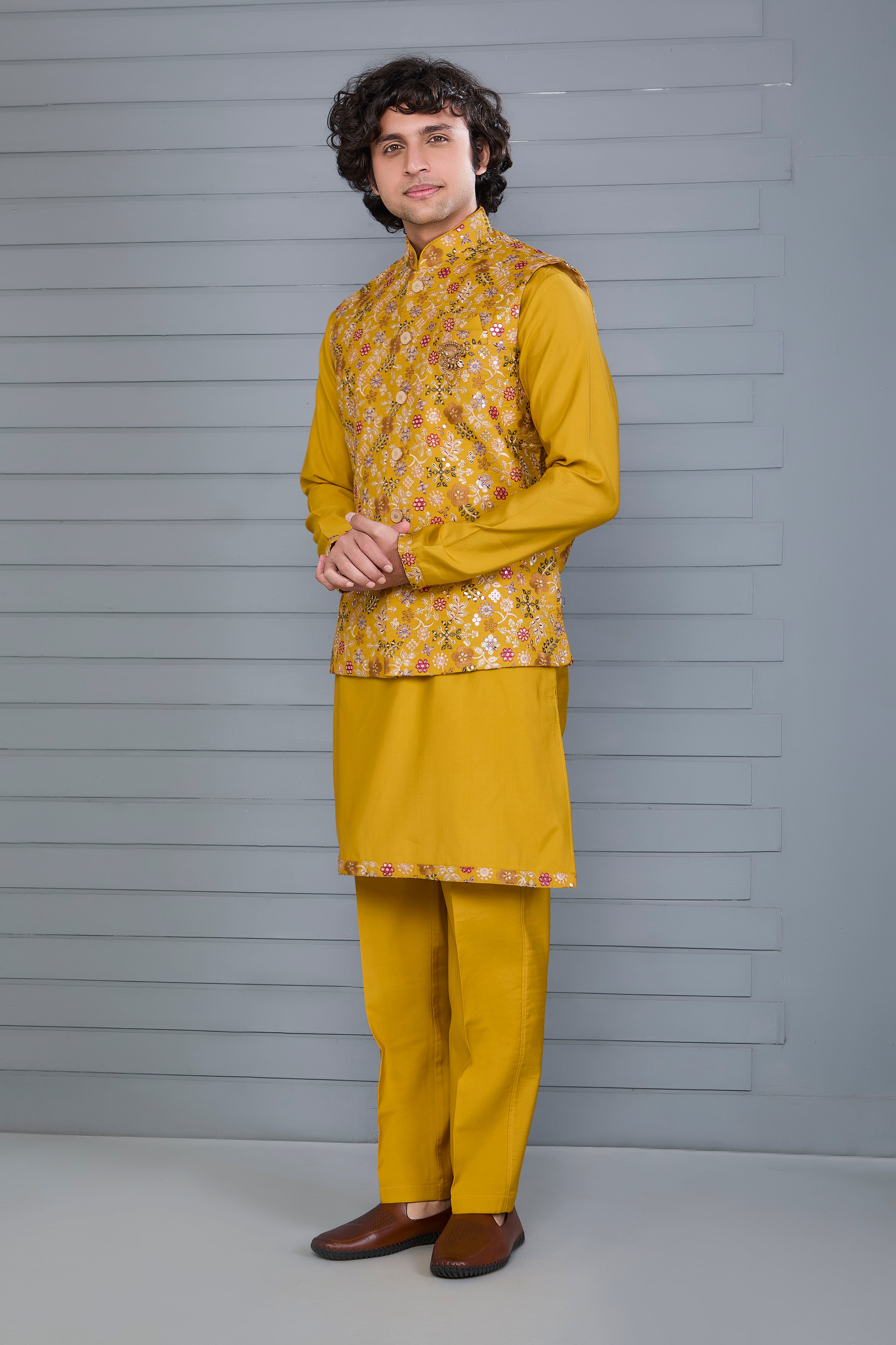 Haldi and Festive Wear Embroidered Kurta Jacket Set in Mustard Yellow