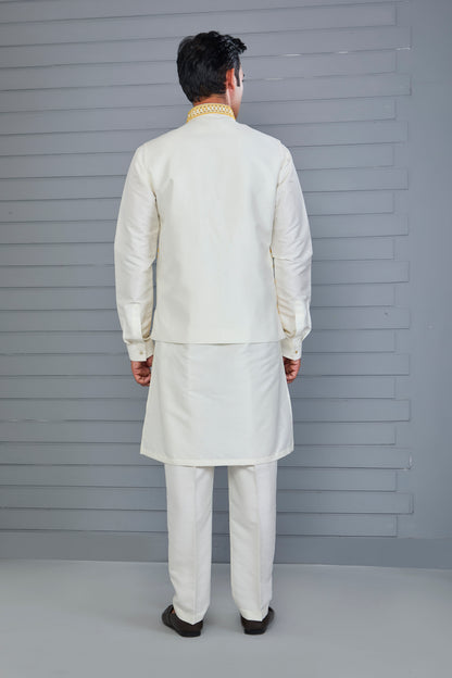 Men's Rich Off-white Kurta Jacket Set with Elegant Embroidery