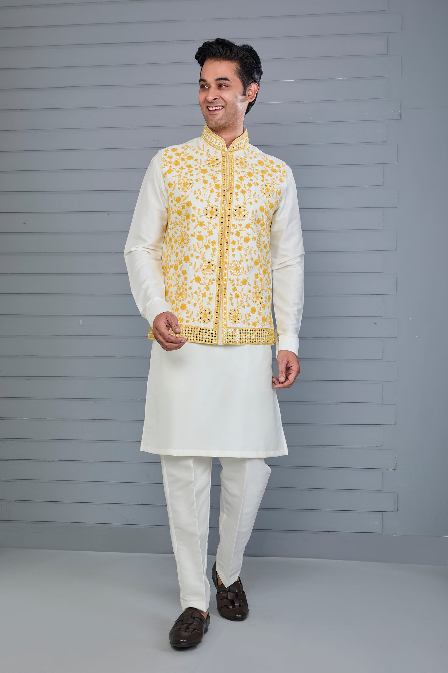 Men's Rich Off-white Kurta Jacket Set with Elegant Embroidery