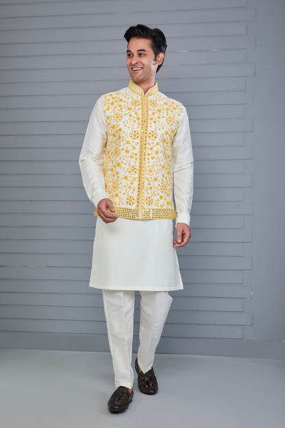 Men's Rich Off-white Kurta Jacket Set with Elegant Embroidery