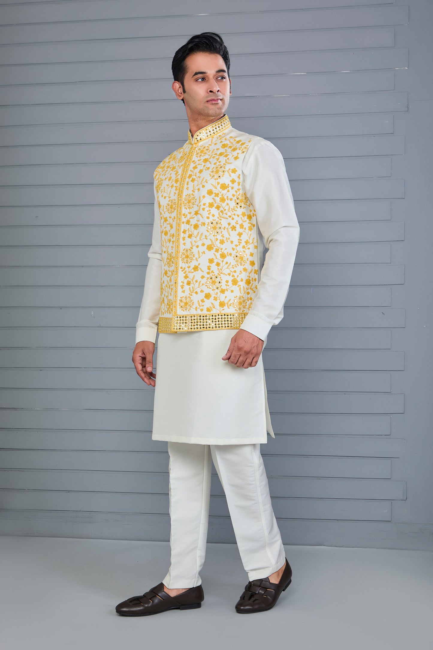 Men's Rich Off-white Kurta Jacket Set with Elegant Embroidery