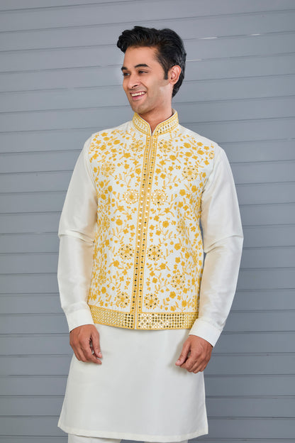 Men's Rich Off-white Kurta Jacket Set with Elegant Embroidery