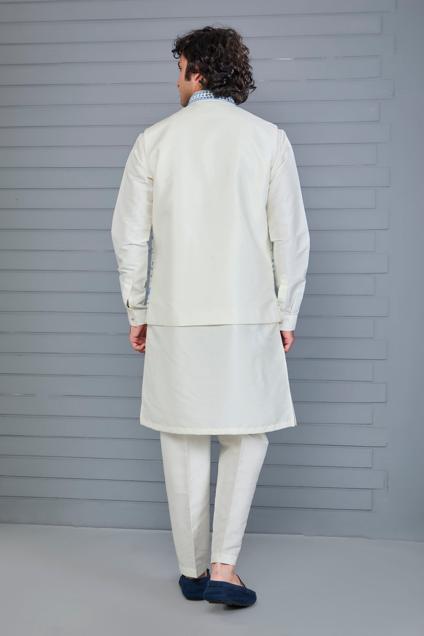 Off-white Men's Kurta Jacket Set with Elegance Embroidery work
