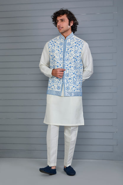 Off-white Men's Kurta Jacket Set with Elegance Embroidery work