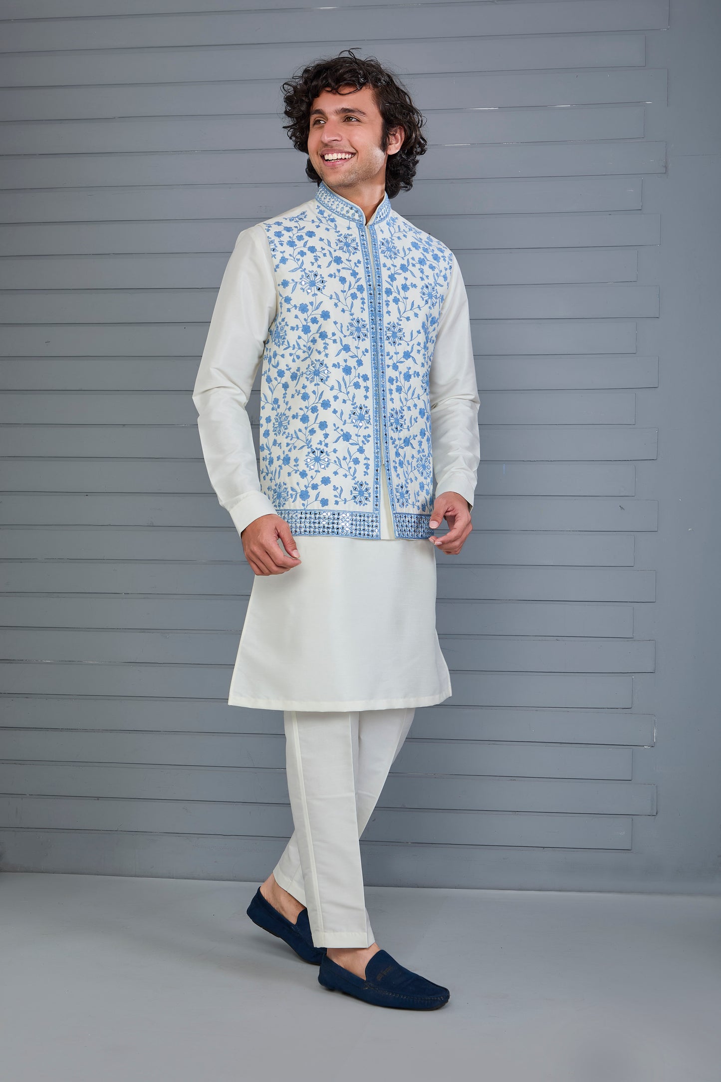Off-white Men's Kurta Jacket Set with Elegance Embroidery work