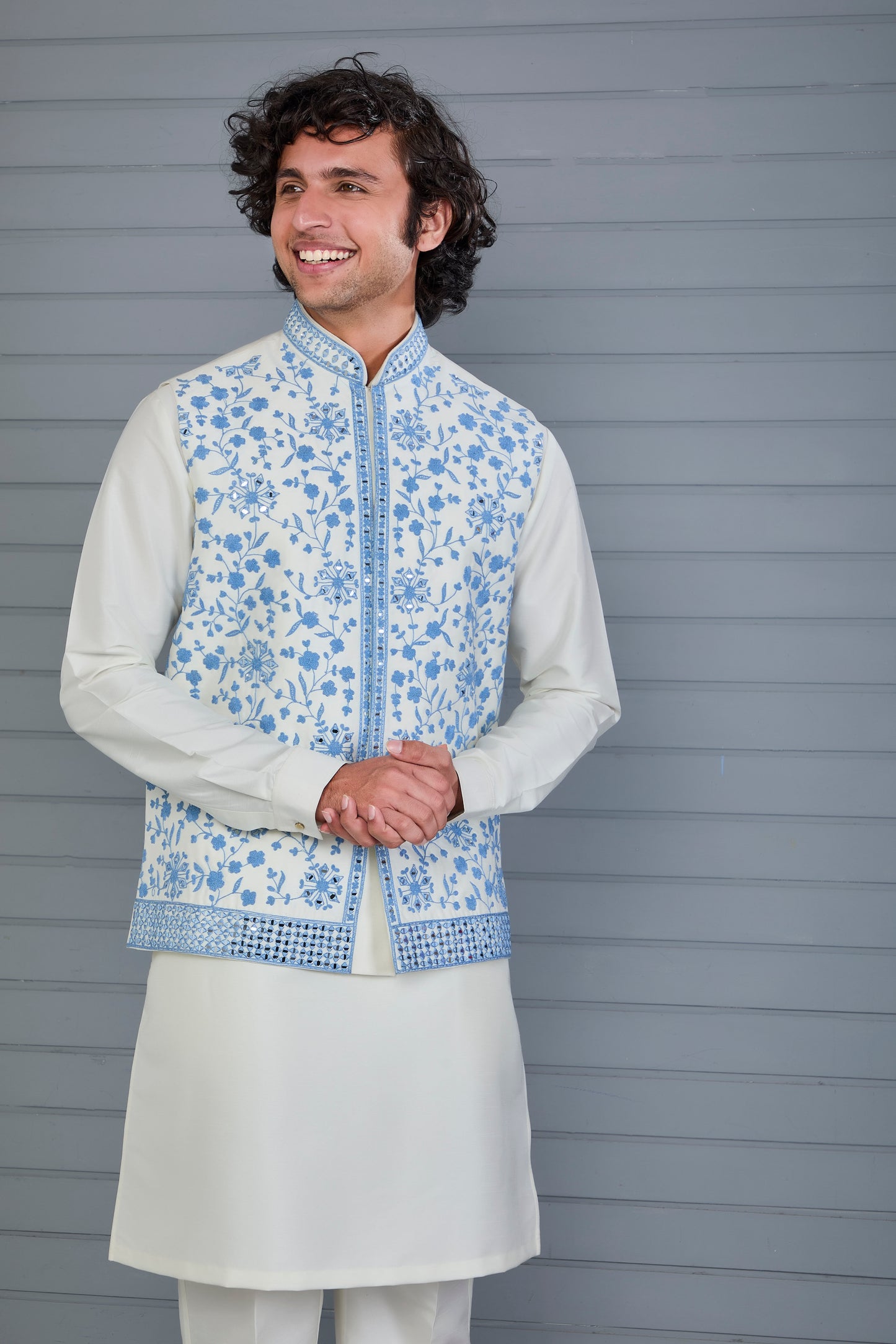 Off-white Men's Kurta Jacket Set with Elegance Embroidery work