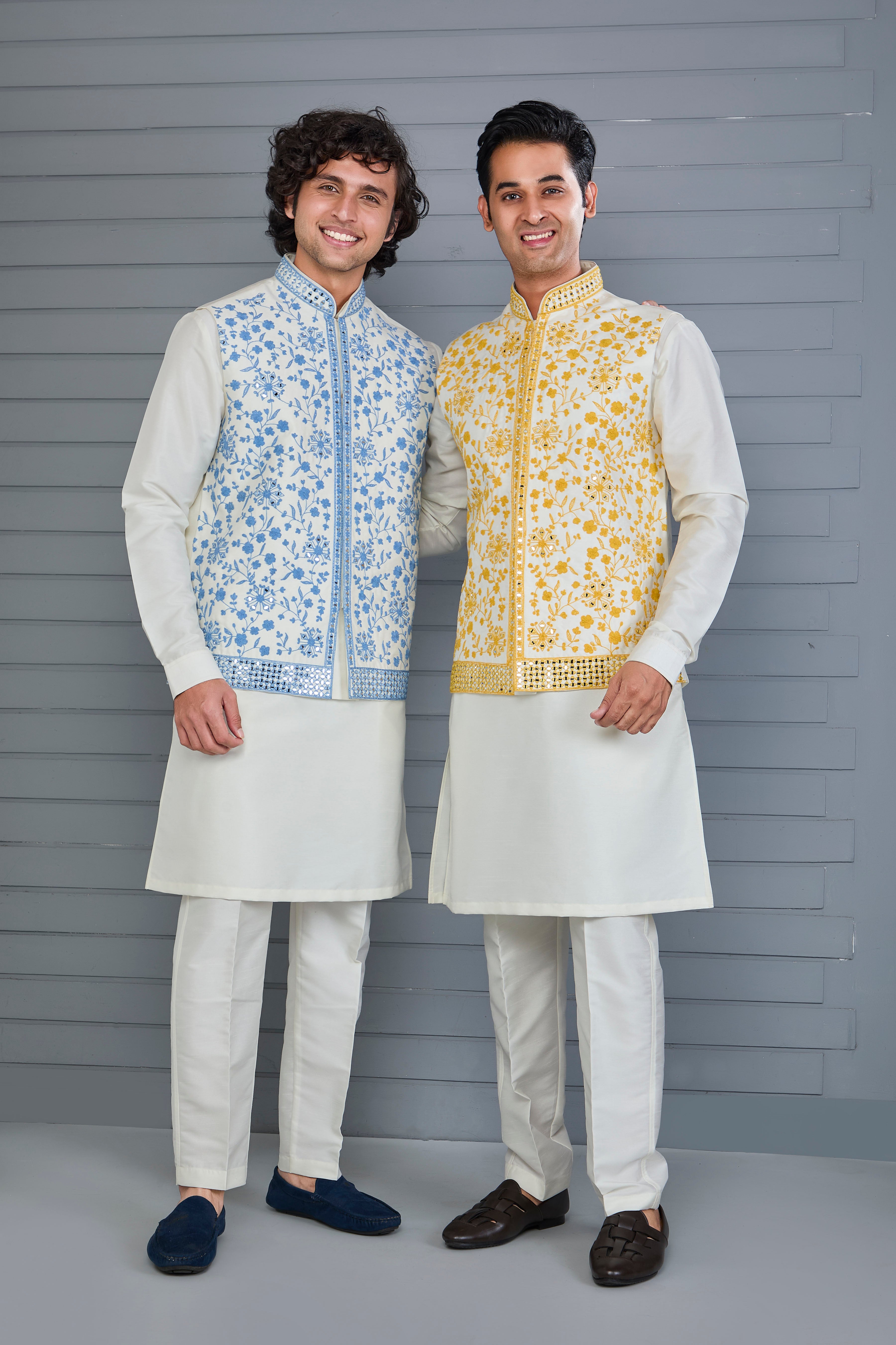 Men's Rich Off-white Kurta Jacket Set with Elegant Embroidery