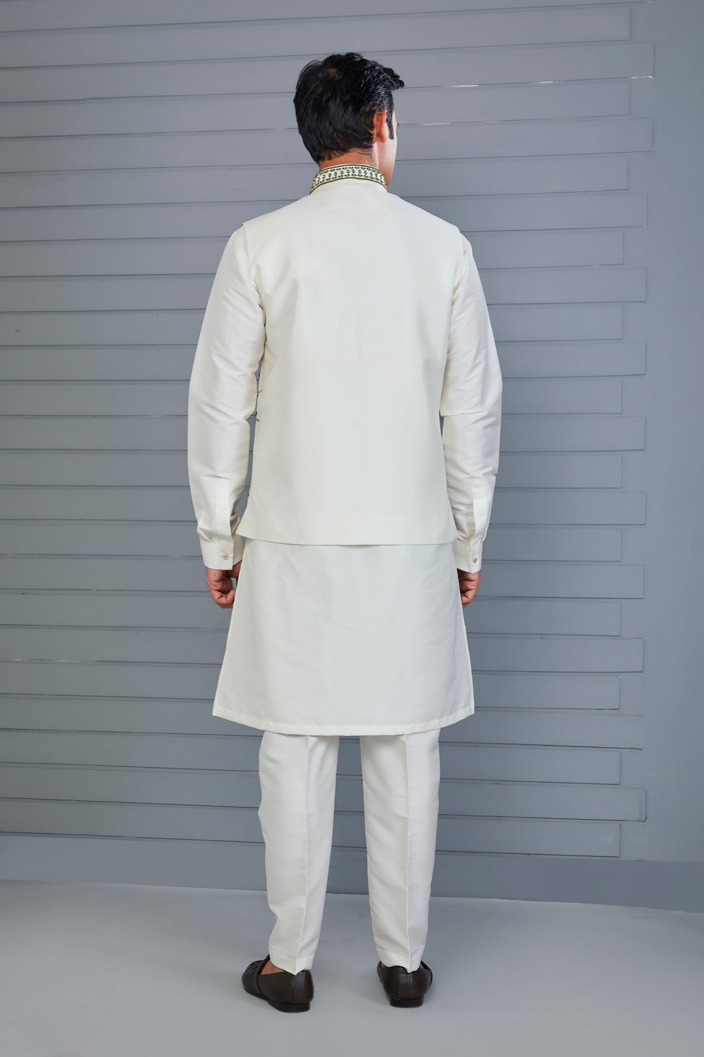 Elevate Off-white Men's Kurta Jacket Set with Raw Silk Finish