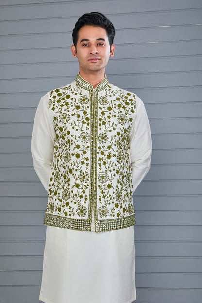 Elevate Off-white Men's Kurta Jacket Set with Raw Silk Finish