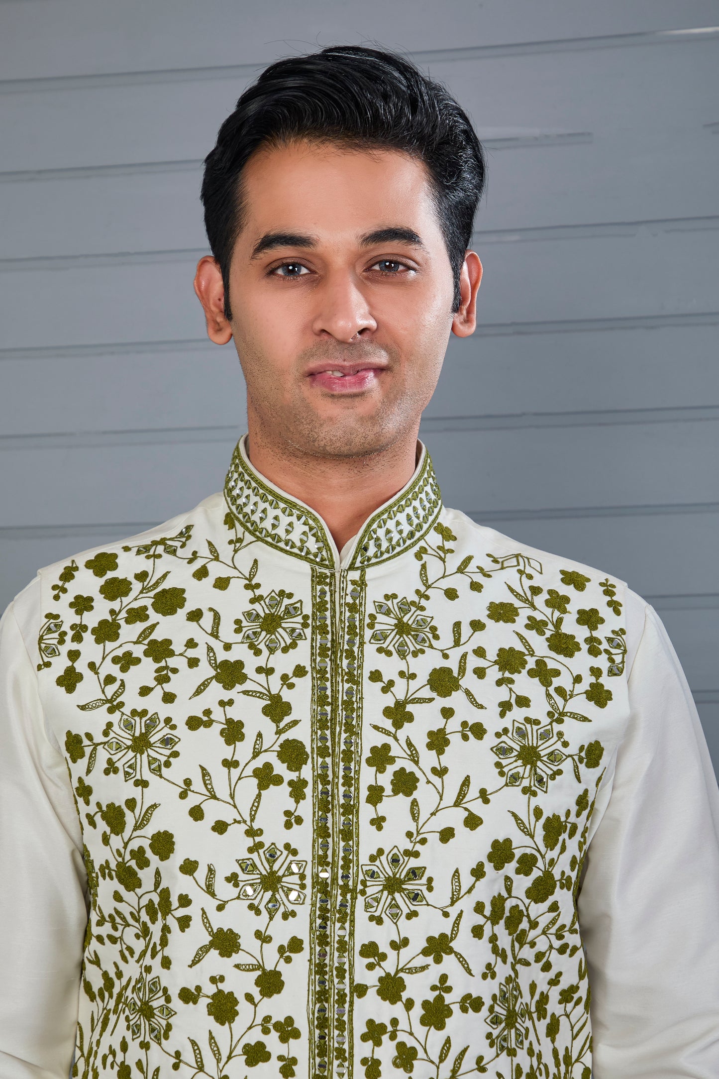 Elevate Off-white Men's Kurta Jacket Set with Raw Silk Finish