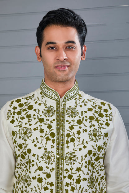 Elevate Off-white Men's Kurta Jacket Set with Raw Silk Finish