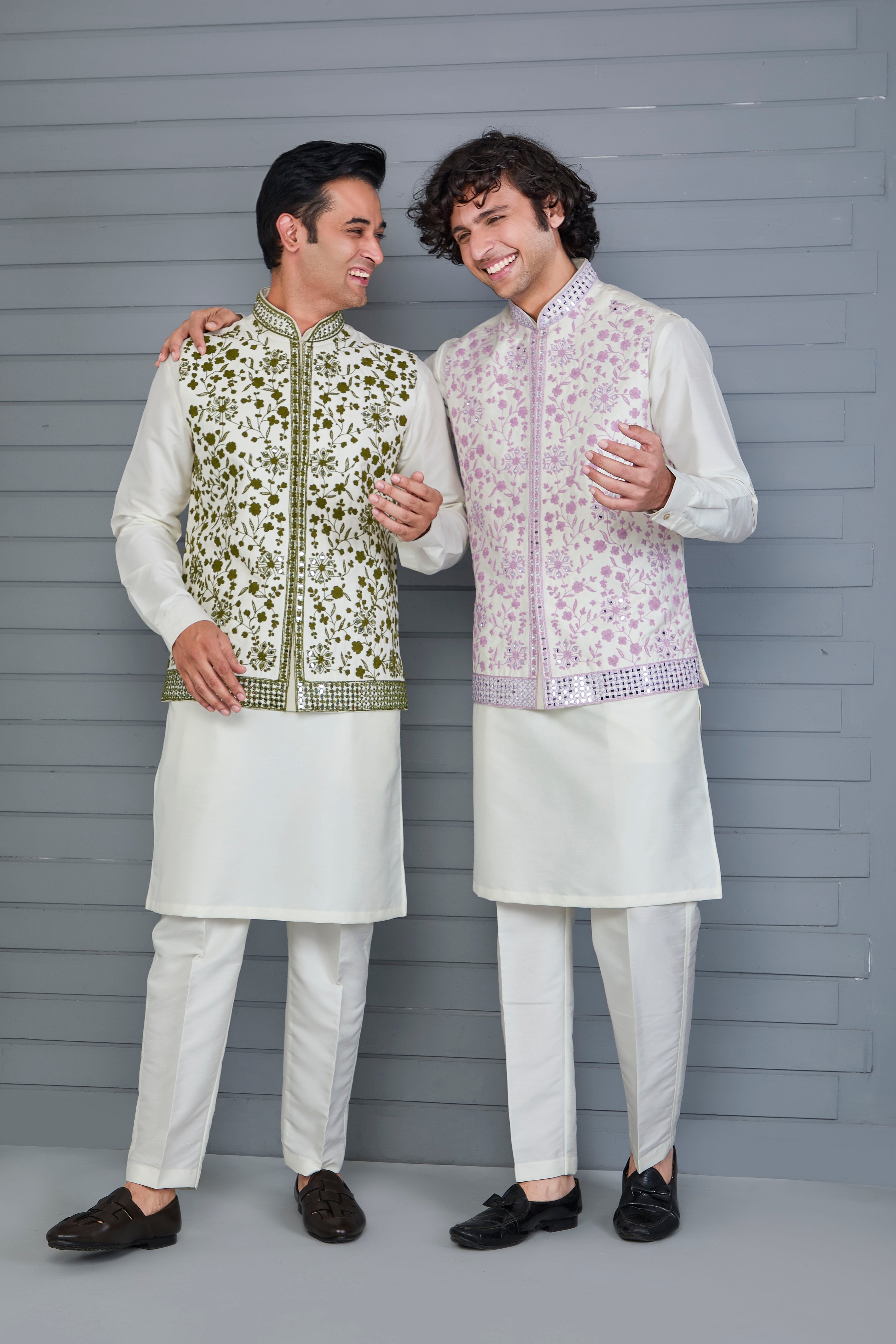 Elevate Off-white Men's Kurta Jacket Set with Raw Silk Finish