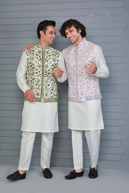 Festive Wear Men's Off-white Raw Silk Kurta Jacket Set