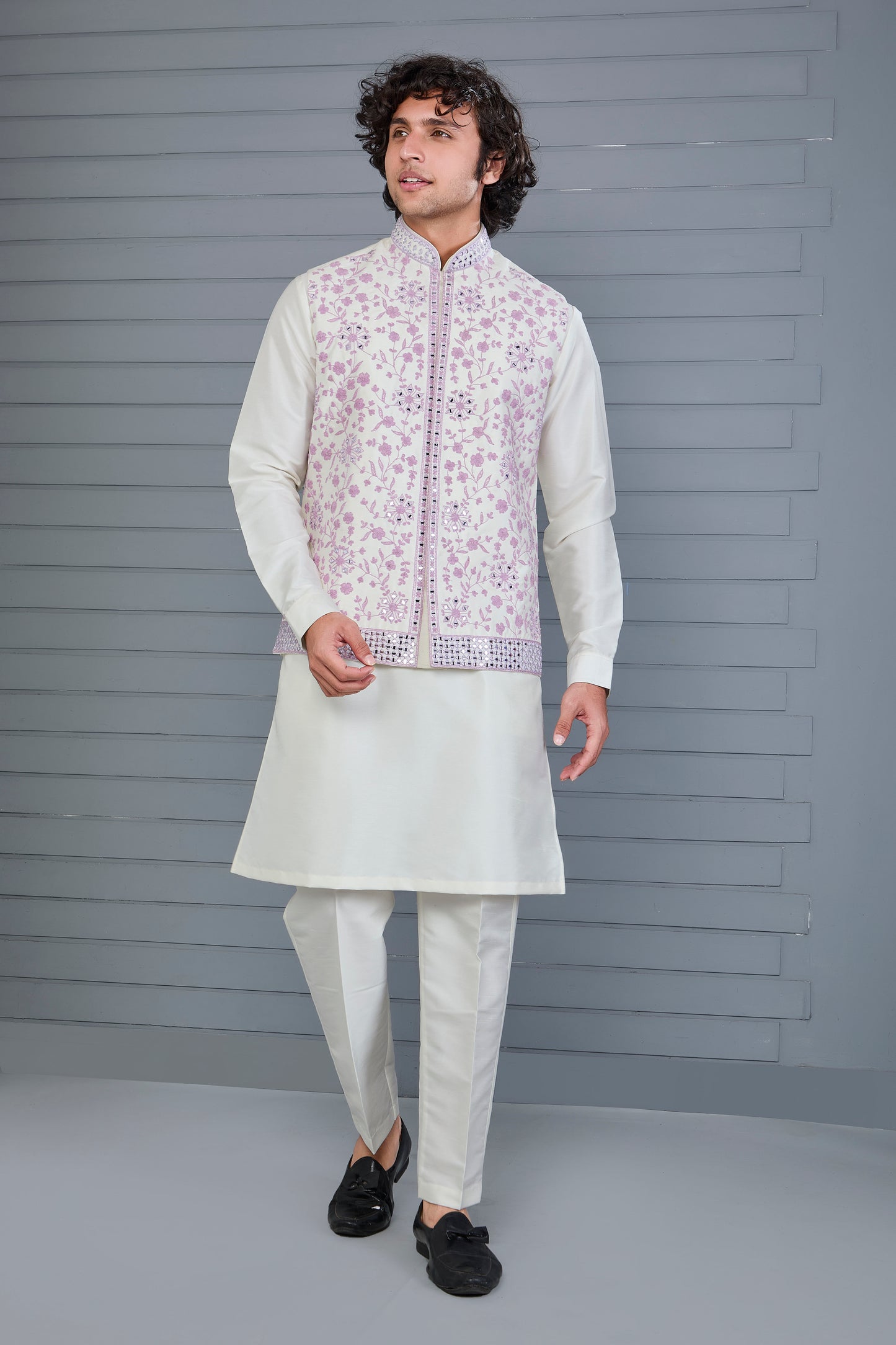 Festive Wear Men's Off-white Raw Silk Kurta Jacket Set